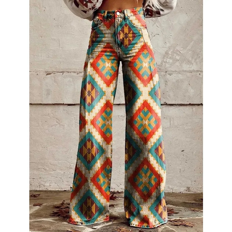 FZ Women's Plus Size Vintage Flower Print Wide Leg Leopard Aztec Streetwear Bohemia Pants - FZwear