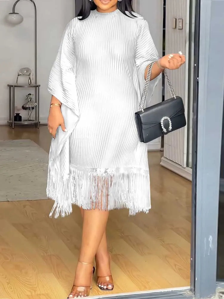 FZ Women's Tassel Sequin Stretchy Batwing Sleeves French Style Knitted Dress