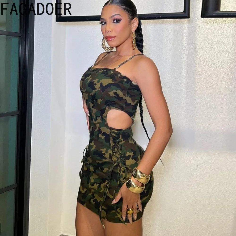 FZ Women's Camouflage Printing Hollow Bandage Suspenders Cargo Dress DSers