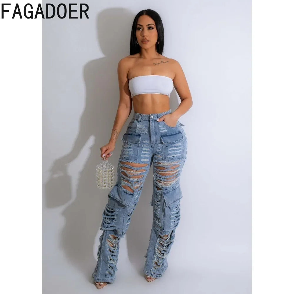 FZ Women's Fashion Y2K High Waisted Button Hole Straight Denim Pants - FZwear