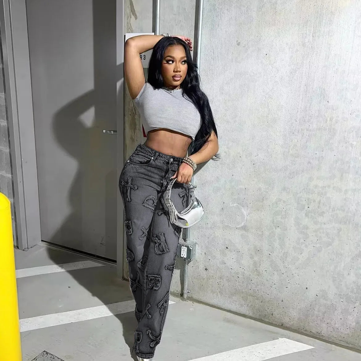 FZ Women's Vintage Letter Cargo High Waist Stretch Denim Pants - FZwear