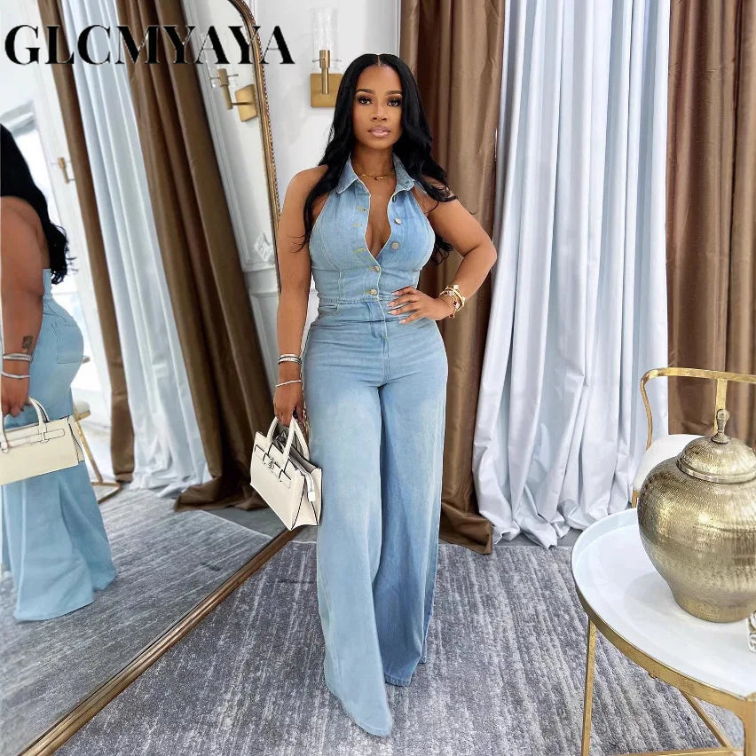 FZ Women's Sleeveless Single Breasted Wide Leg Denim Jumpsuit