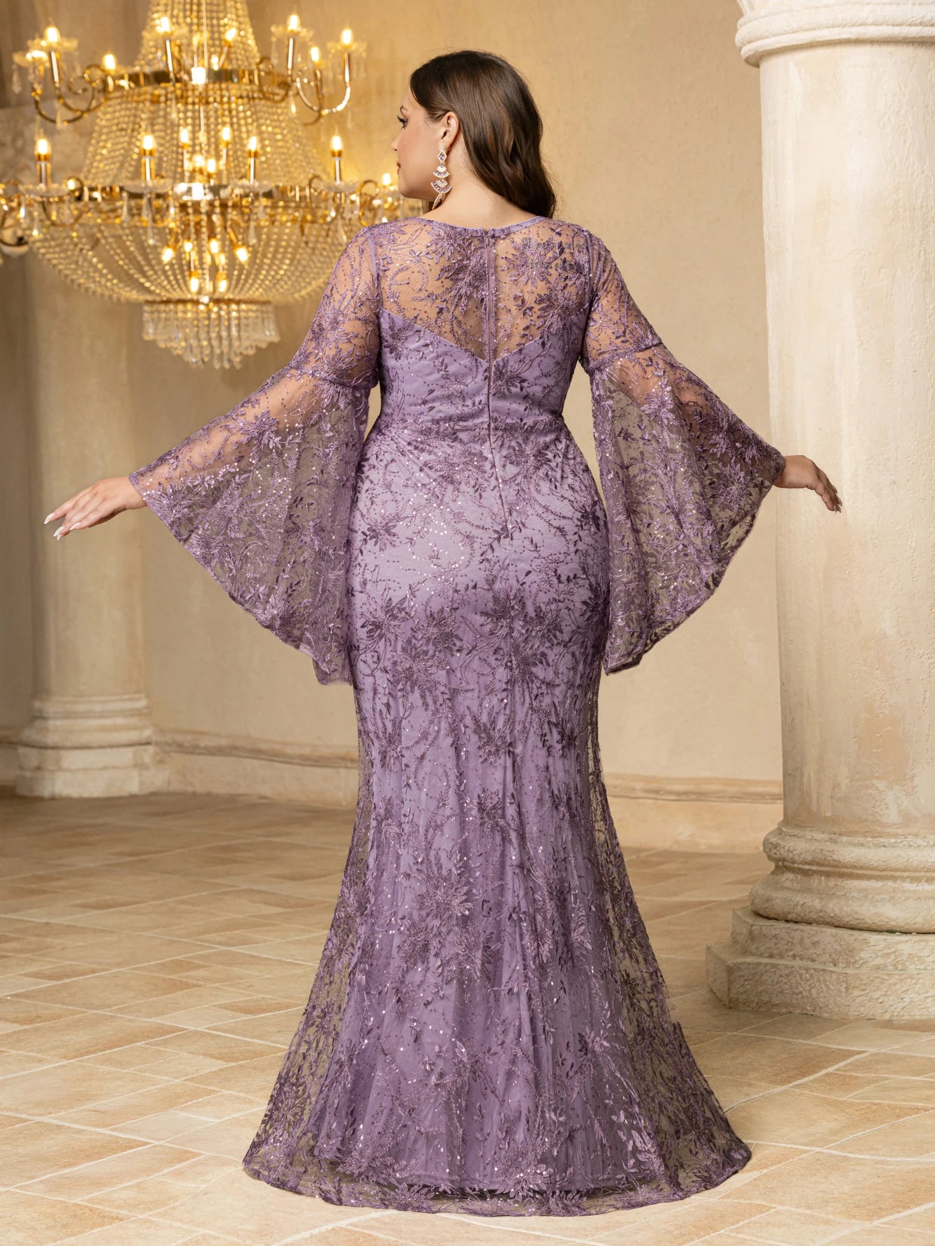 FZ Women's Plus Size Mesh & Embroidery Splicing, Flared Sleeves Evening Dress
