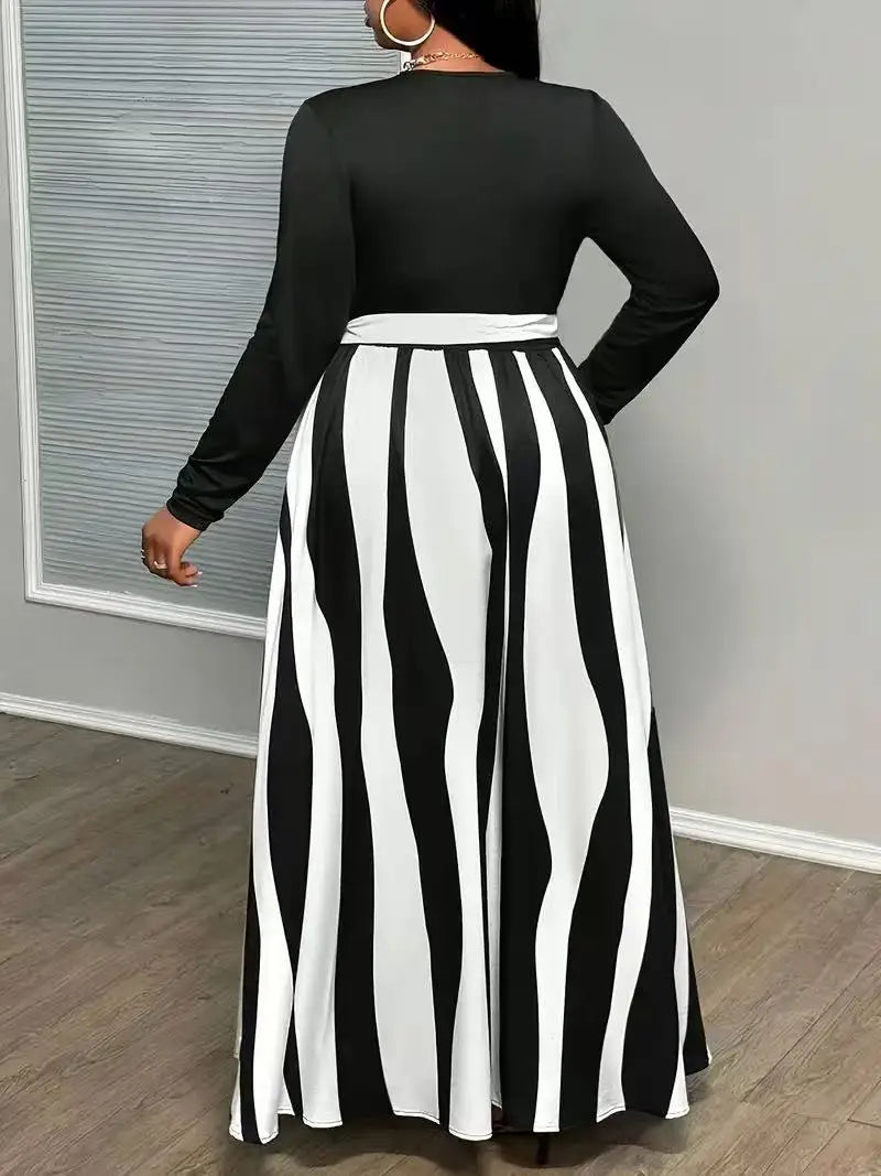 FZ Women's Plus-Size V-neck long-sleeved striped color-block dress