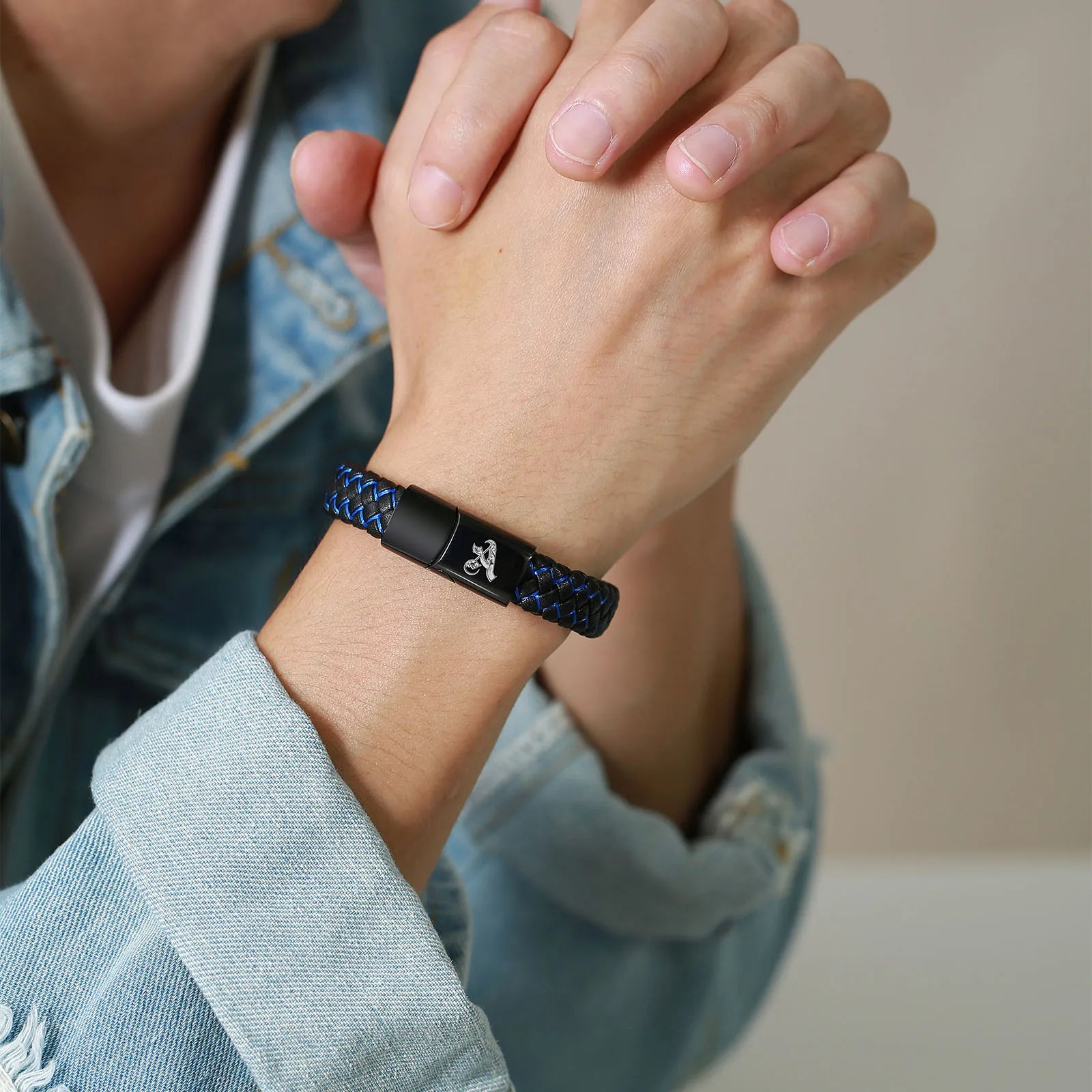 FZ Blue Black Braided Leather A-Z Initial Bracelet - FZwear
