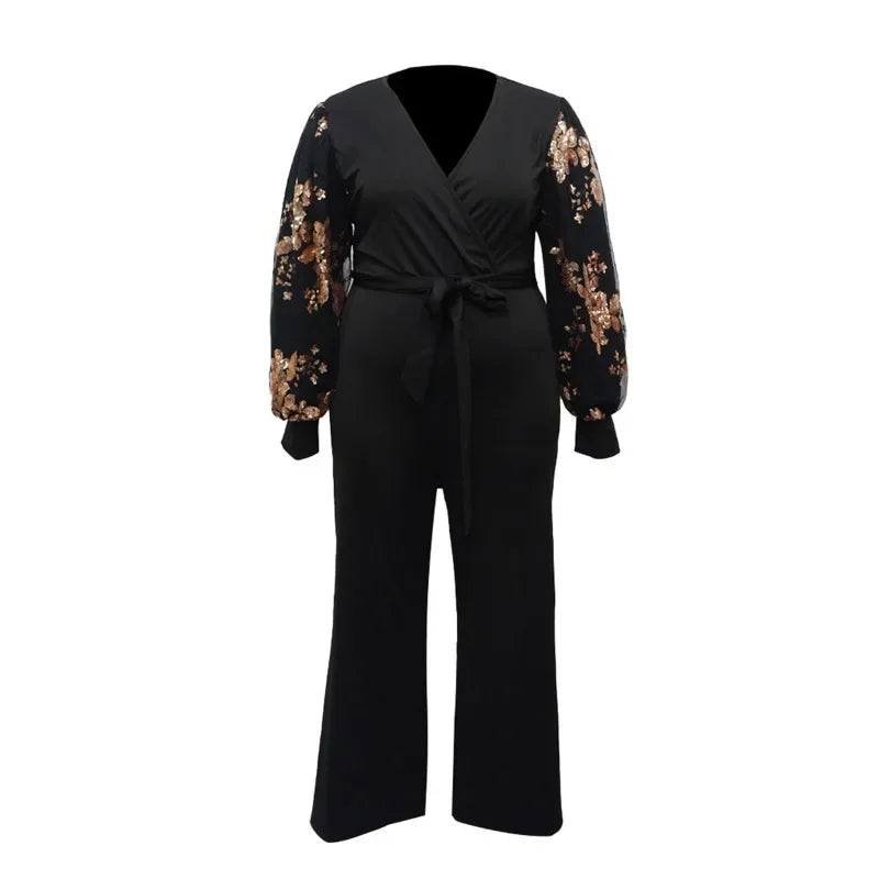 FZ Women's Plus Size Floral Puff Long Mesh Sleeve Wide Leg Straight Jumpsuit