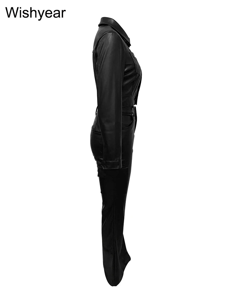 FZ Women's PU Leather Long Sleeve Button Flared 2 Piece Pants Suit