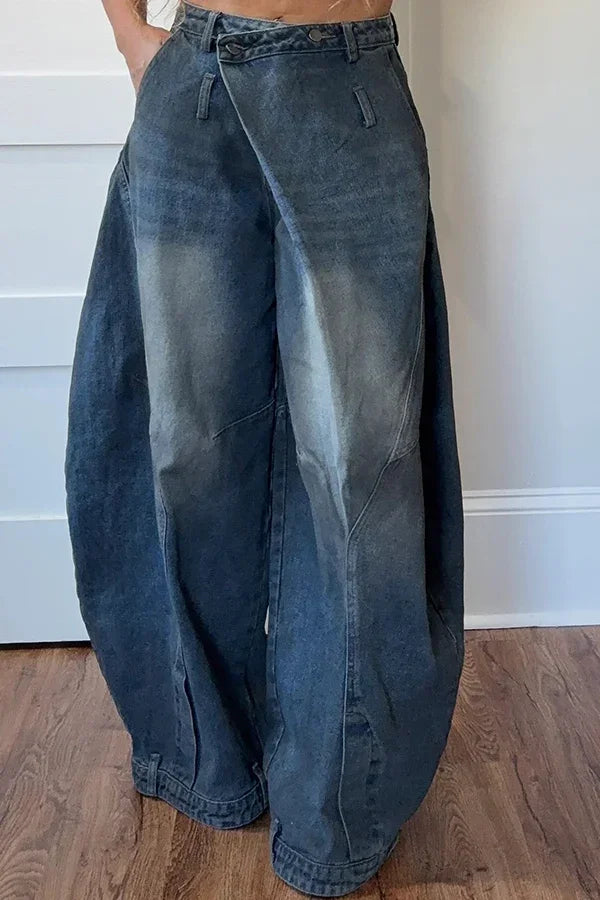 FZ Women's Plus Size Asymmetric Button Pocket Washed Denim Pants