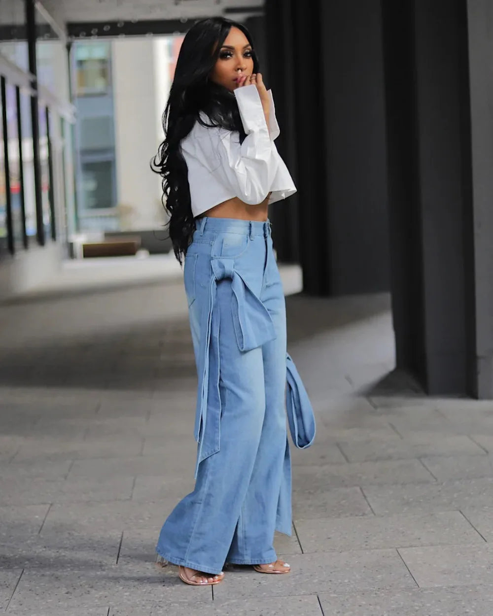 FZ Women's Bandage Wide Leg High Waisted Button Pocket Denim Pants - FZwear