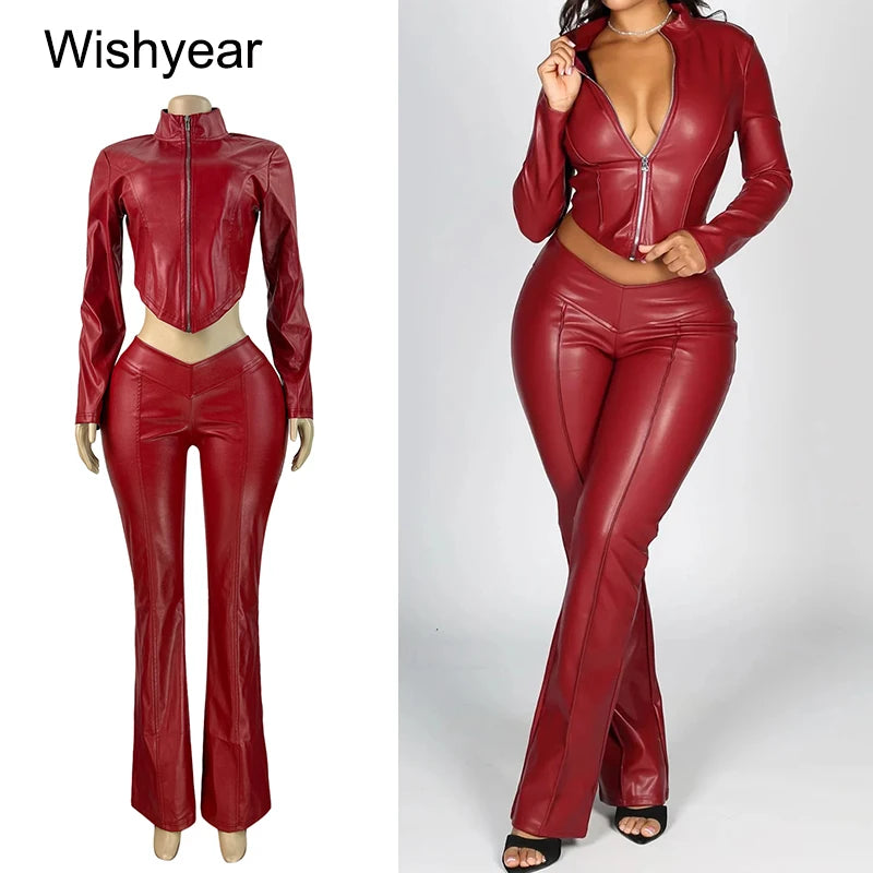 FZ Women's Streetwear Long Sleeve Stretch Slim and Flared PU Leather Pants Suit