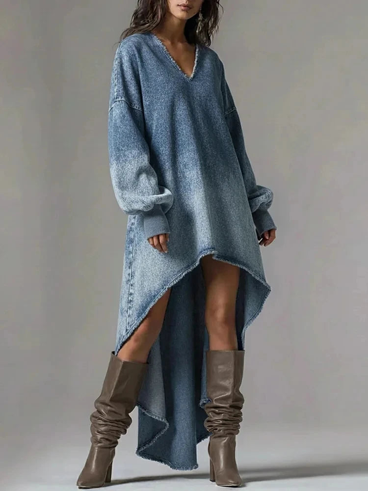 FZ Women's Vintage Washed High Low Maxi Long Lantern Sleeve Oversized Denim Dress