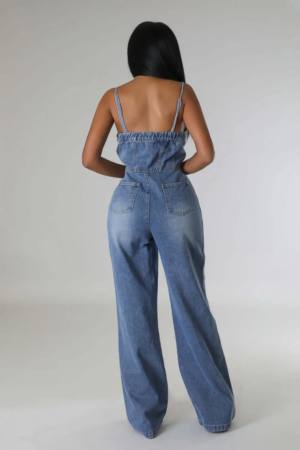 FZ Women's Spaghetti Strap Cotton High Waist Stretch Denim Wide Leg Jumpsuit - FZwear