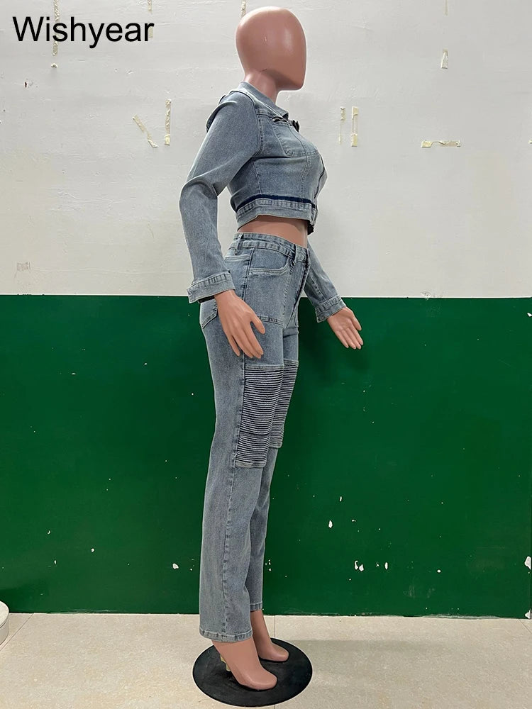 FZ Women's Blue Long Sleeve Ruched Patchwork 2 Piece Pencil Denim Pants Suit