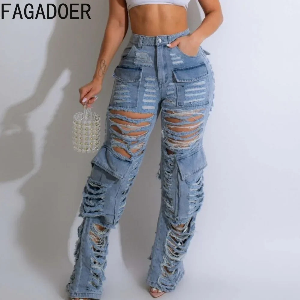 FZ Women's Fashion Y2K High Waisted Button Hole Straight Denim Pants - FZwear