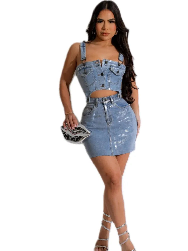 FZ Women's Denim Pocket Sleeveless Mini Skirt Suit - FZwear