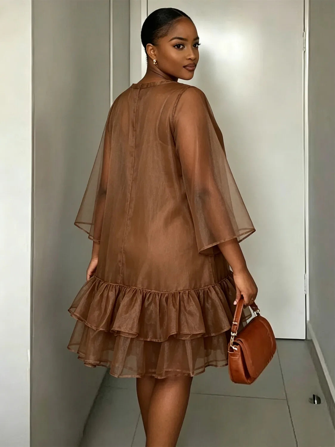 FZ Women's Plus Size Round Neck Sheer Tulle Flare Sleeve Mini Dress