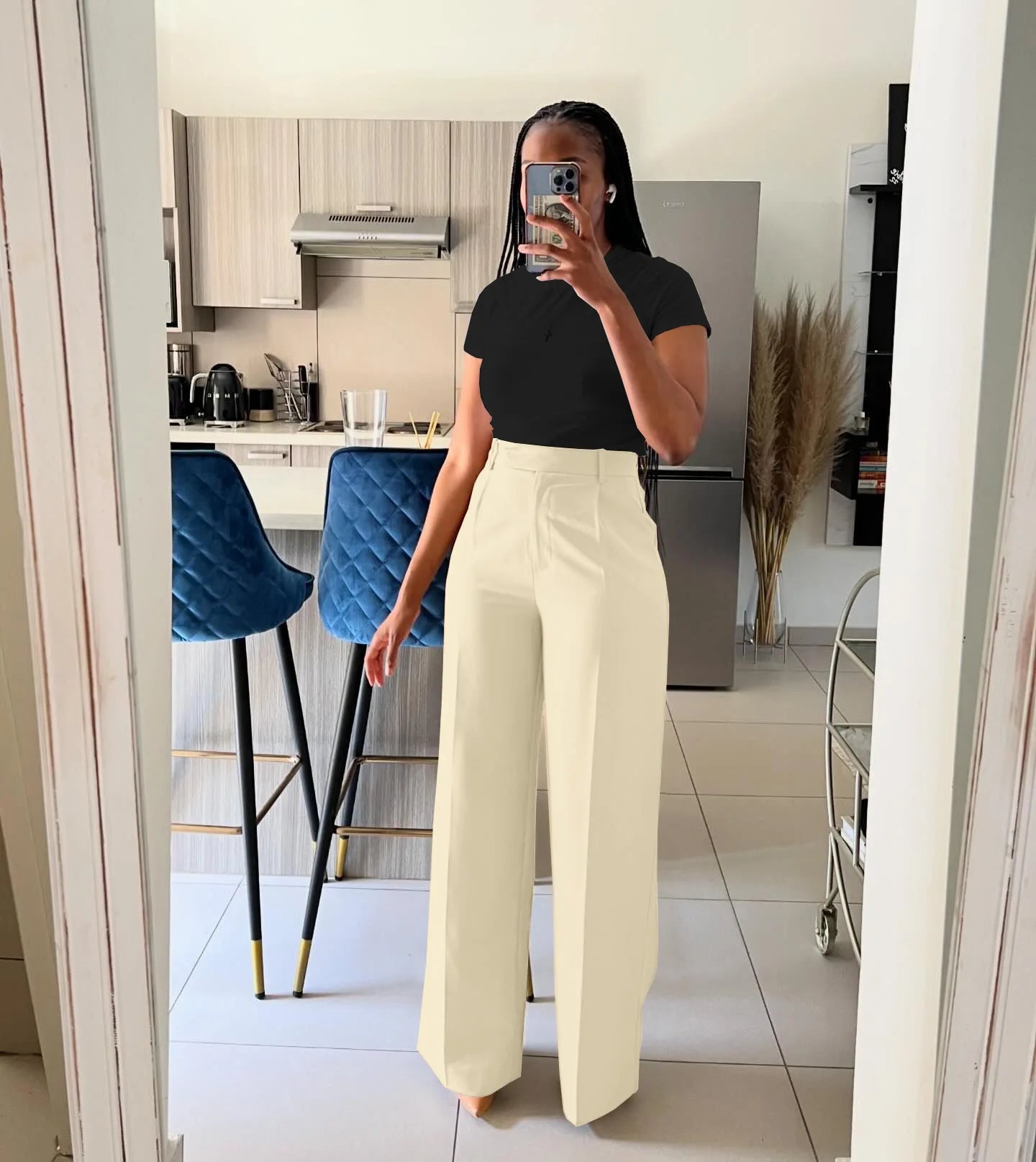 FZ Women's Solid Button Pocket Straight Wide Leg High Waisted Pants