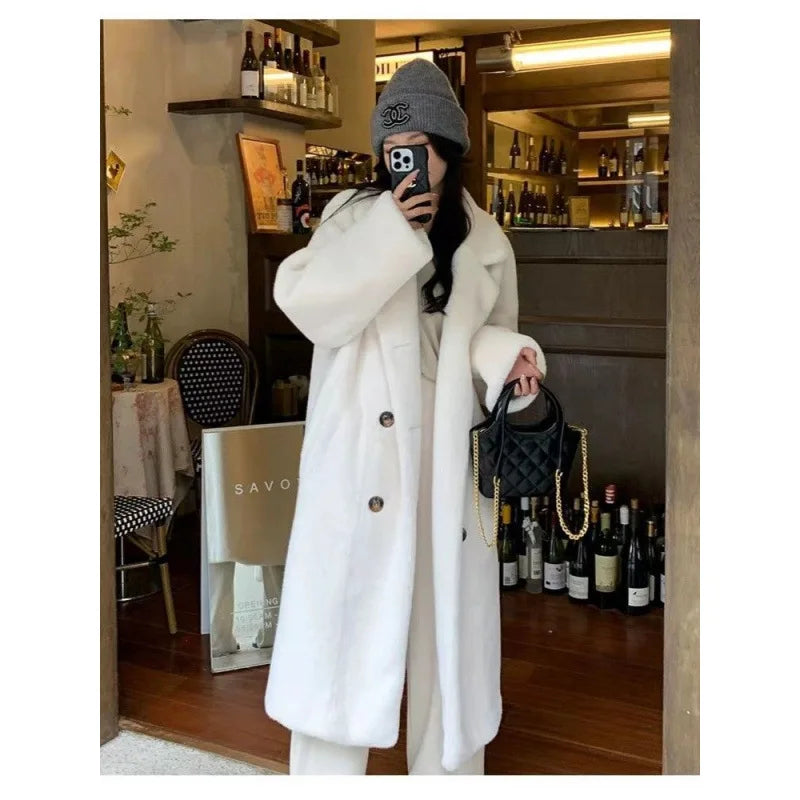 FZ Women's Faux Mink Long Sleeves Single Breasted Thick Loose Coat Jacket