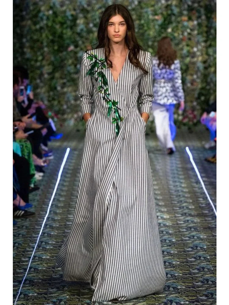 FZ Women's Striped A-line V Neck Long Sleeve Printed Max Dress
