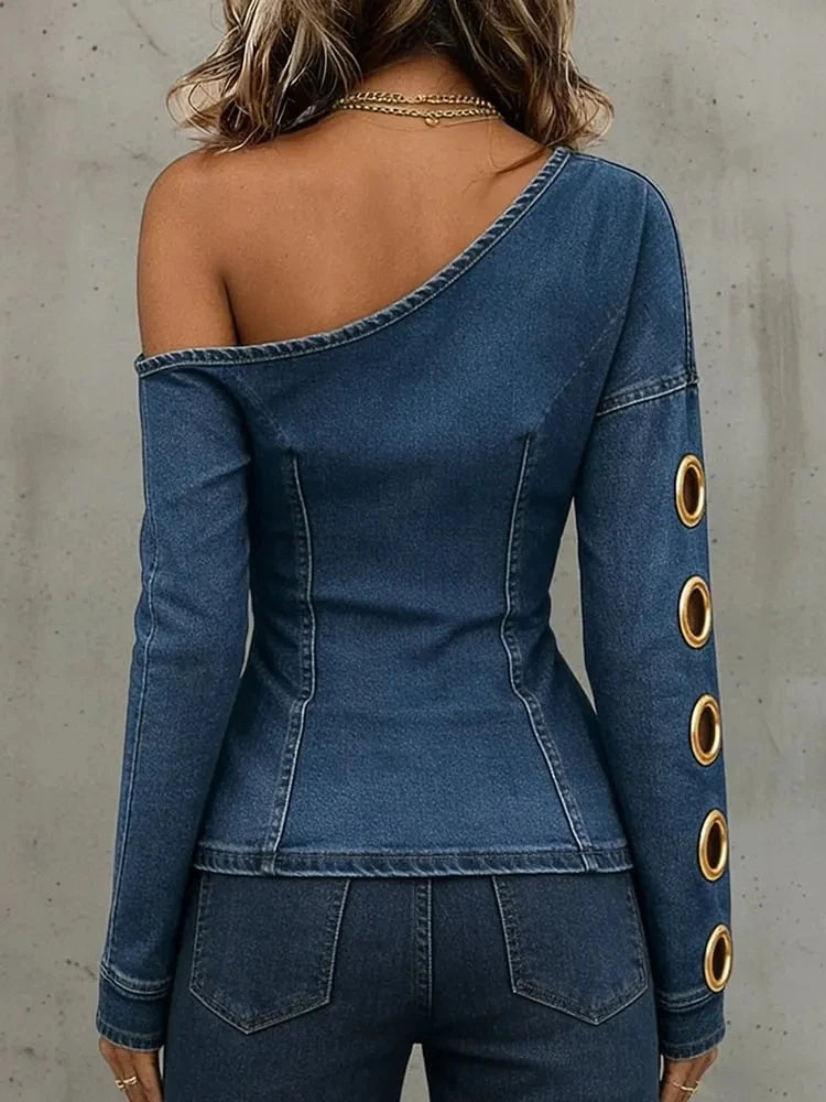FZ WOmen's Off-shoulder Oblique Collar Metal Ring Cut Out Denim Top
