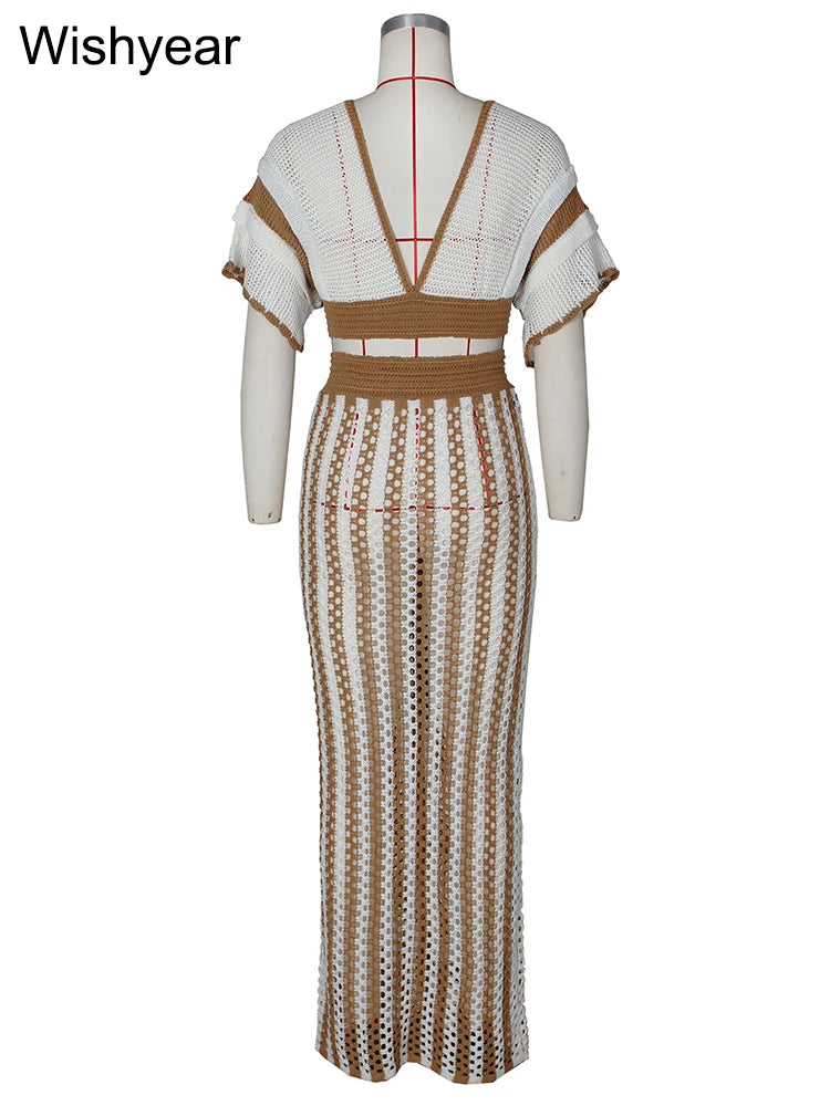 FZ Women's Elegant Knitted Crochet Swimsuit Black Stripe Two 2 Pieces Suit