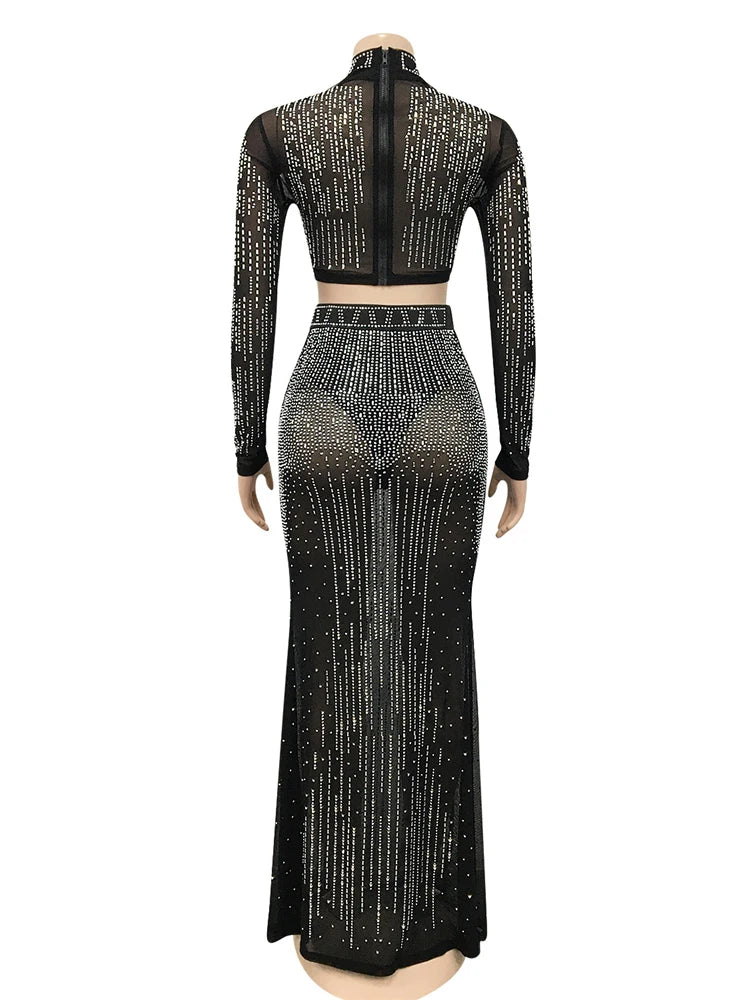 FZ Women's Sexy Crystal Two Piece Mesh Long Skirt Suit - FZwear