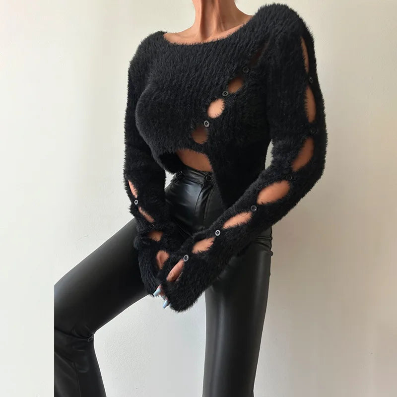 FZ Women's Cropped Hollow Out Cutout Knitted Sweater Top