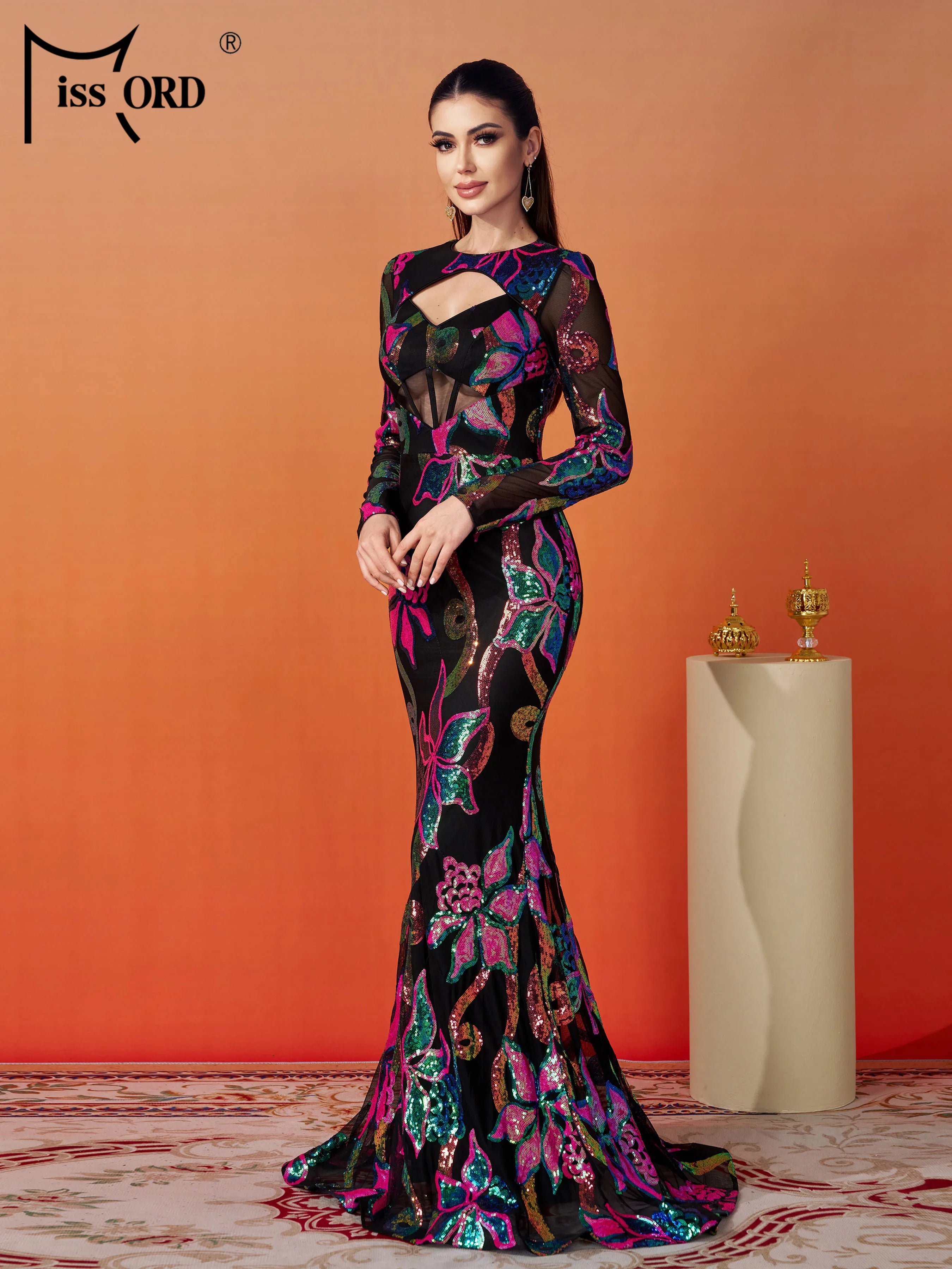 FZ Women's Floral Round Neck Long Sleeved Sequin Mermaid Evening Dress