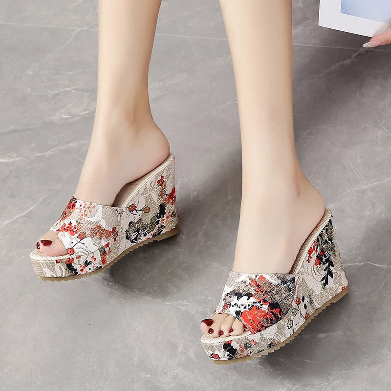 FZ Women's Casual Flip Flops Vintage Floral Print Peep Toe Wedge Shoes
