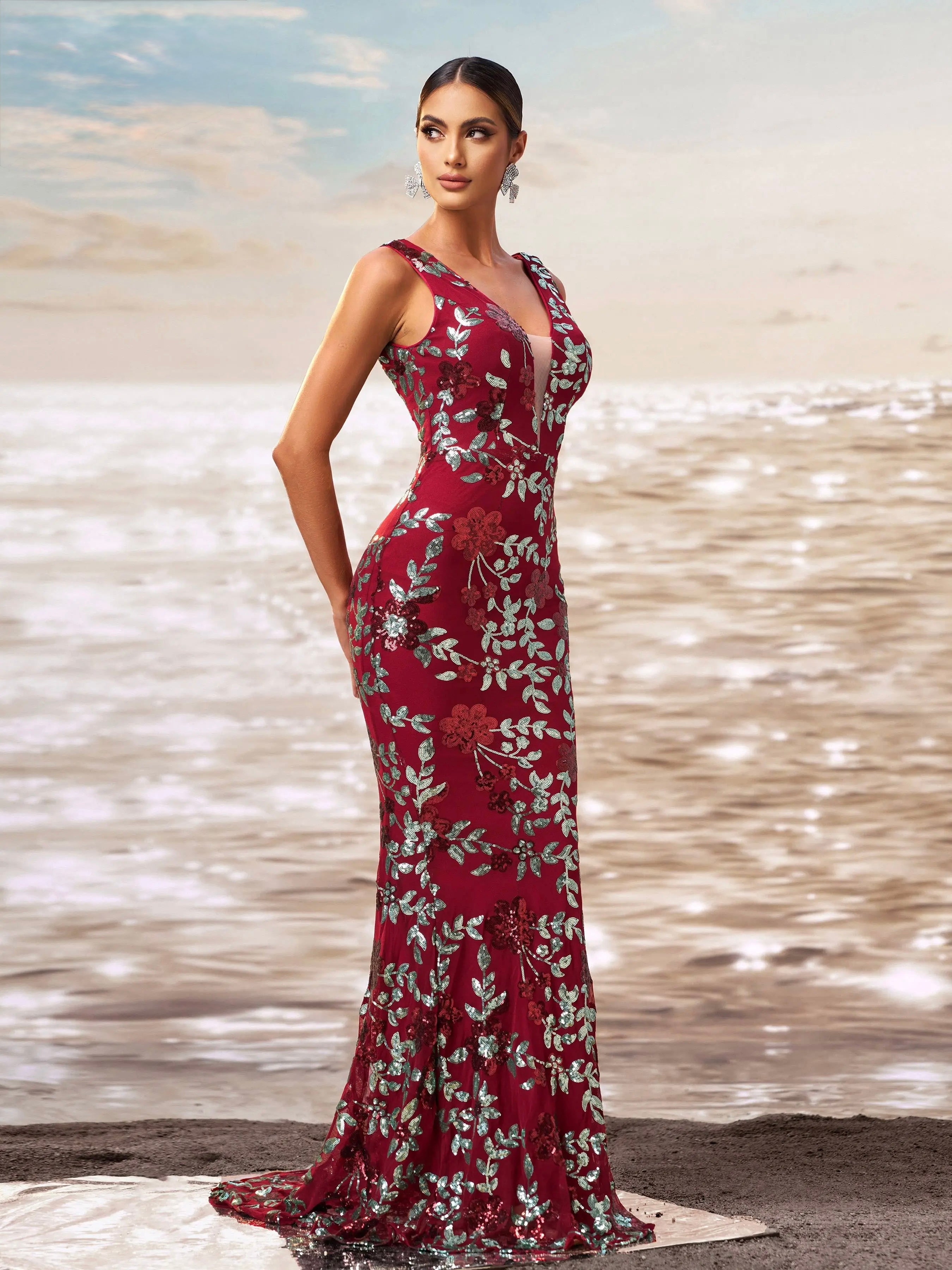 FZ Women's V Neck Sequin Mermaid Cocktail Floor Length Evening Dress