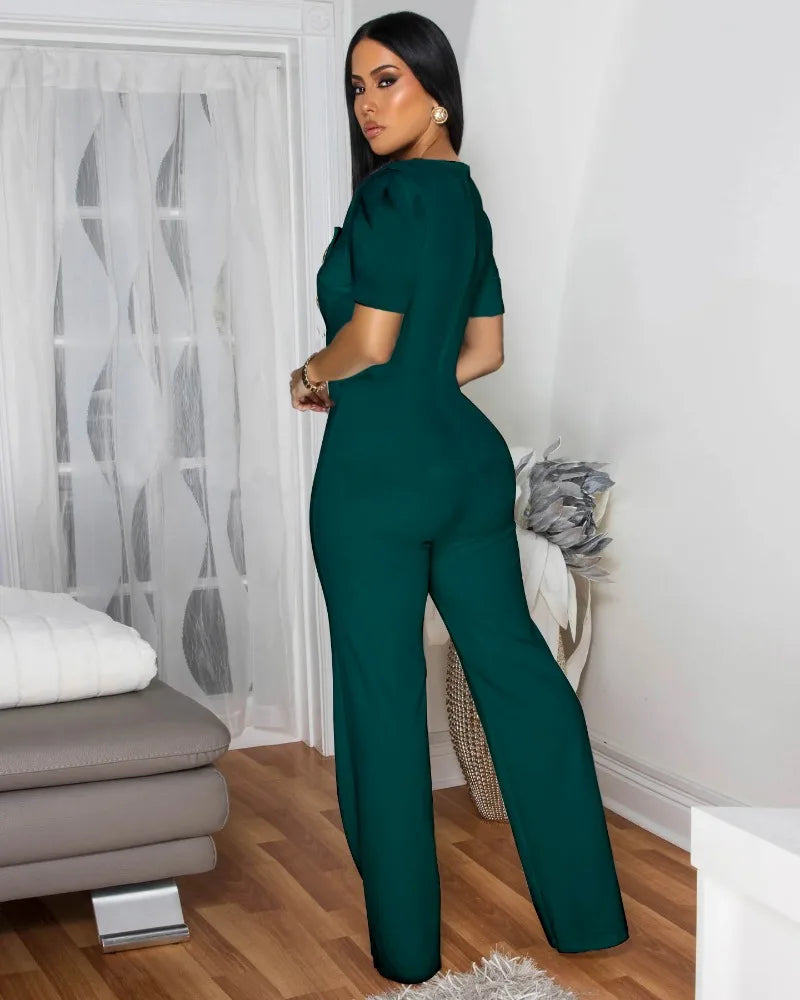 FZ Women's Button Front Puff Short Sleeve Wide Leg One Piece Jumpsuit