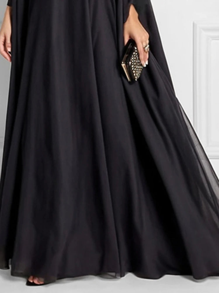 FZ Women Batwing Sleeves Loose Jacquard See-Through Shoulder Maxi Dress