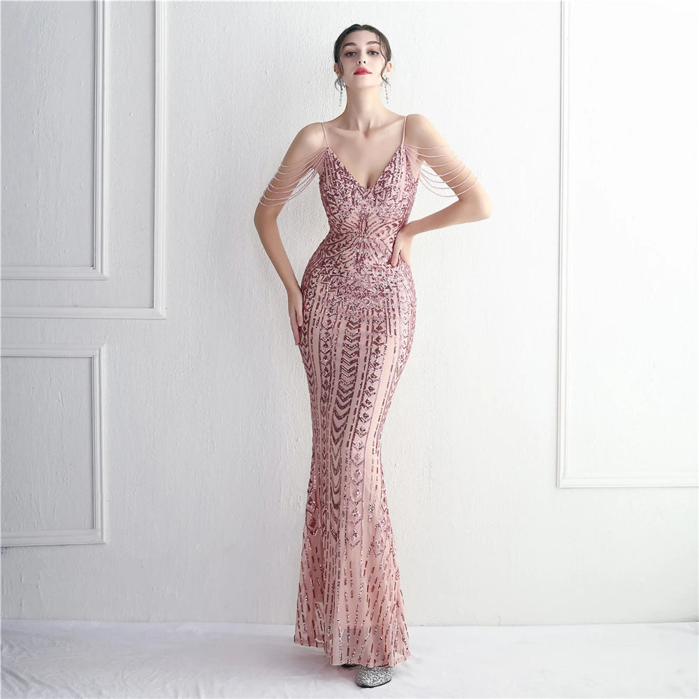 FZ Women's Sequin Long Strap Sleeveless V-neck Evening Dress