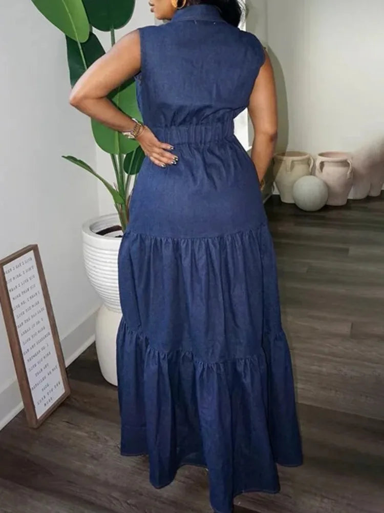 FZ Women's Slim Fit Lapel Collar A--line Split-joint Pleated Maxi Denim Dress