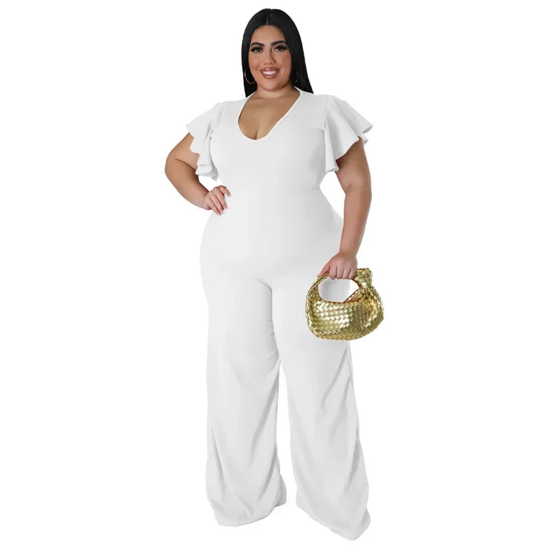 FZ Women's Plus Size V-neck Ruffles Sleeve High Waist Wide Leg Straight Jumpsuit
