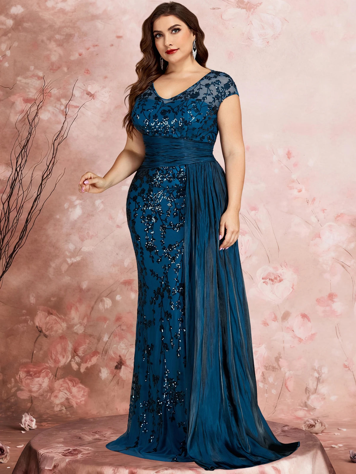 FZ Women's Plus Size Cap Sleeves Sequins Patchwork Evening Dress