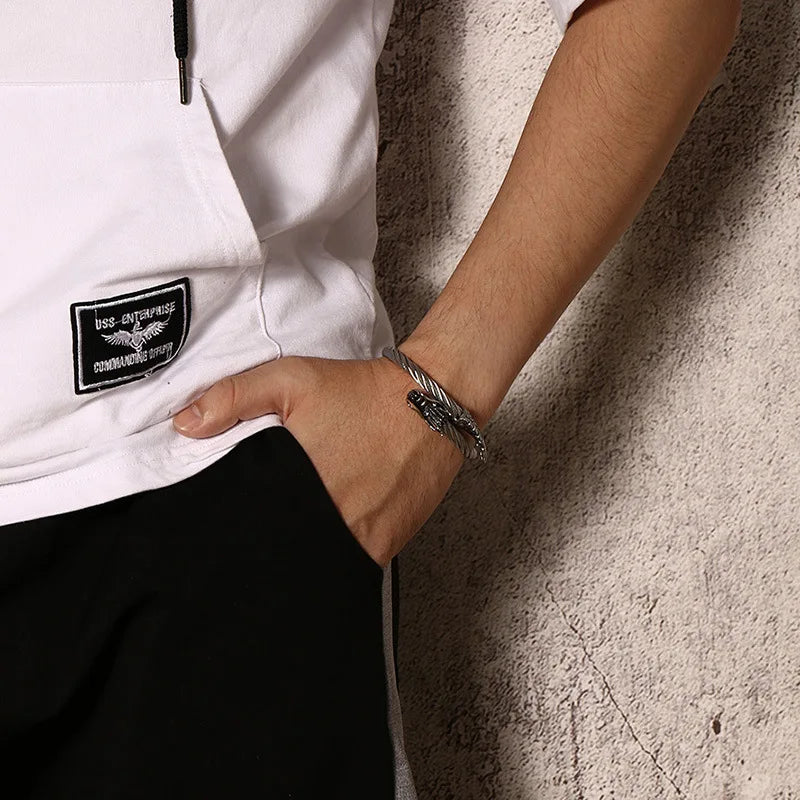 FZ Punk Viking Black Dragon Stainless Steel Vintage Open Cuff Bracelet - FZwear