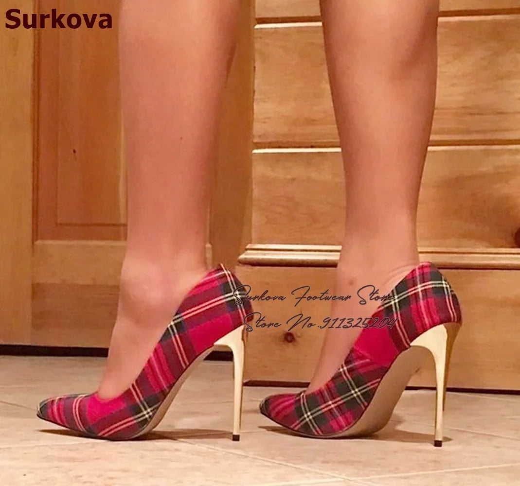 FZ Women's Checkered Cloth Shallow Pointed Toe High Heel Shoes