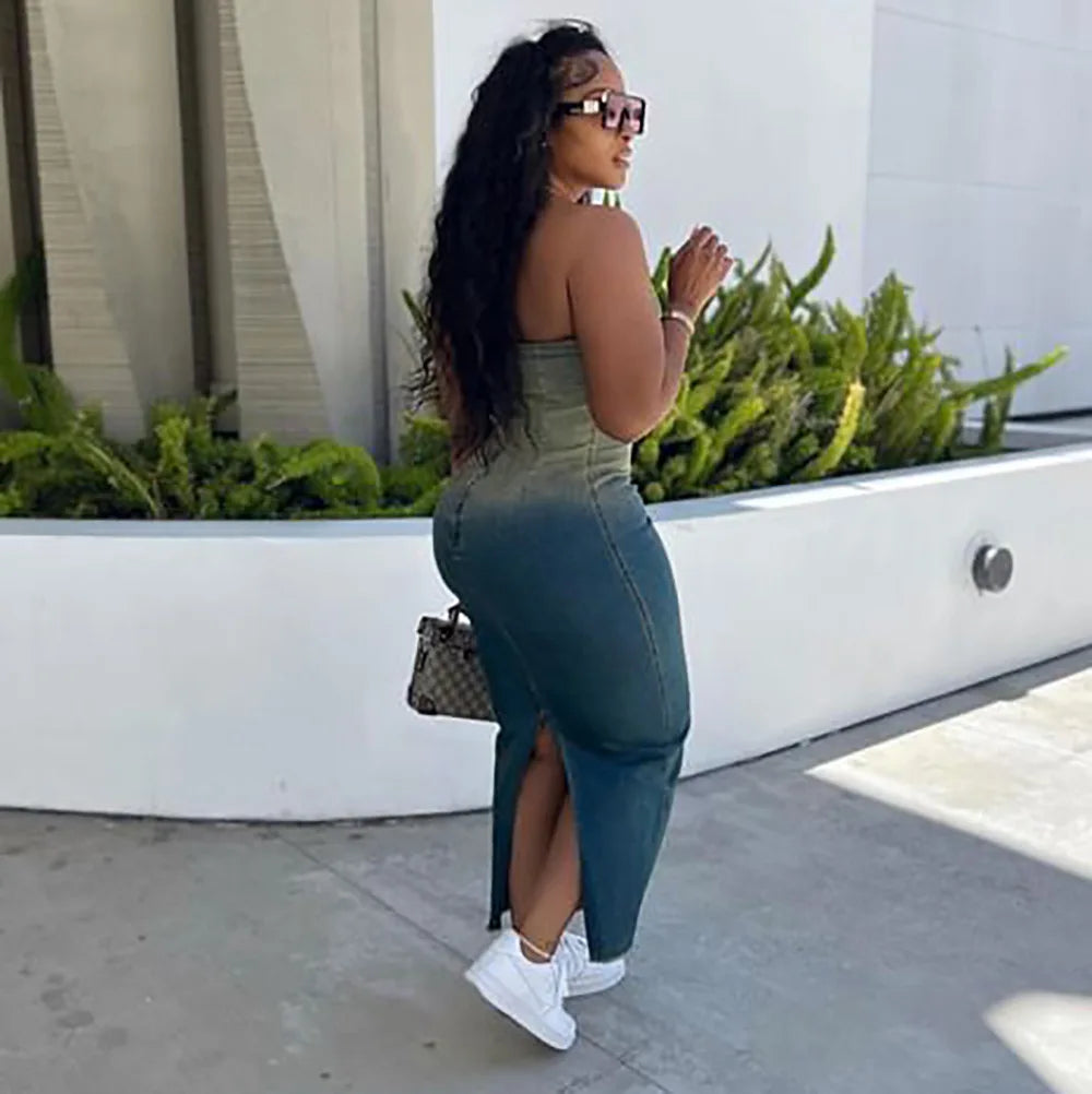 FZ Women's Gradient Strapless Stretch Sexy Denim Dress - FZwear