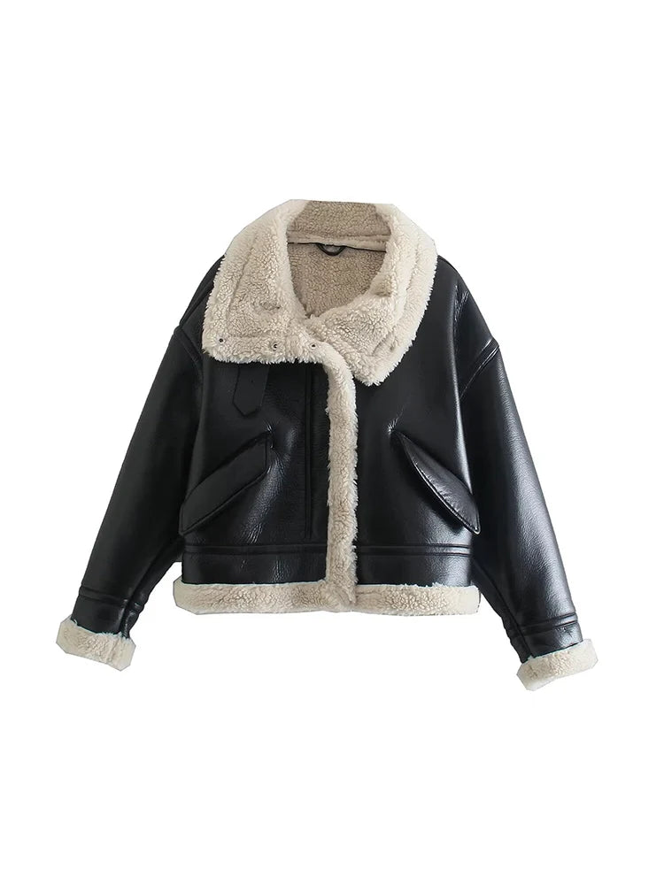FZ women's soft fleece thick warm short PU leather jacket