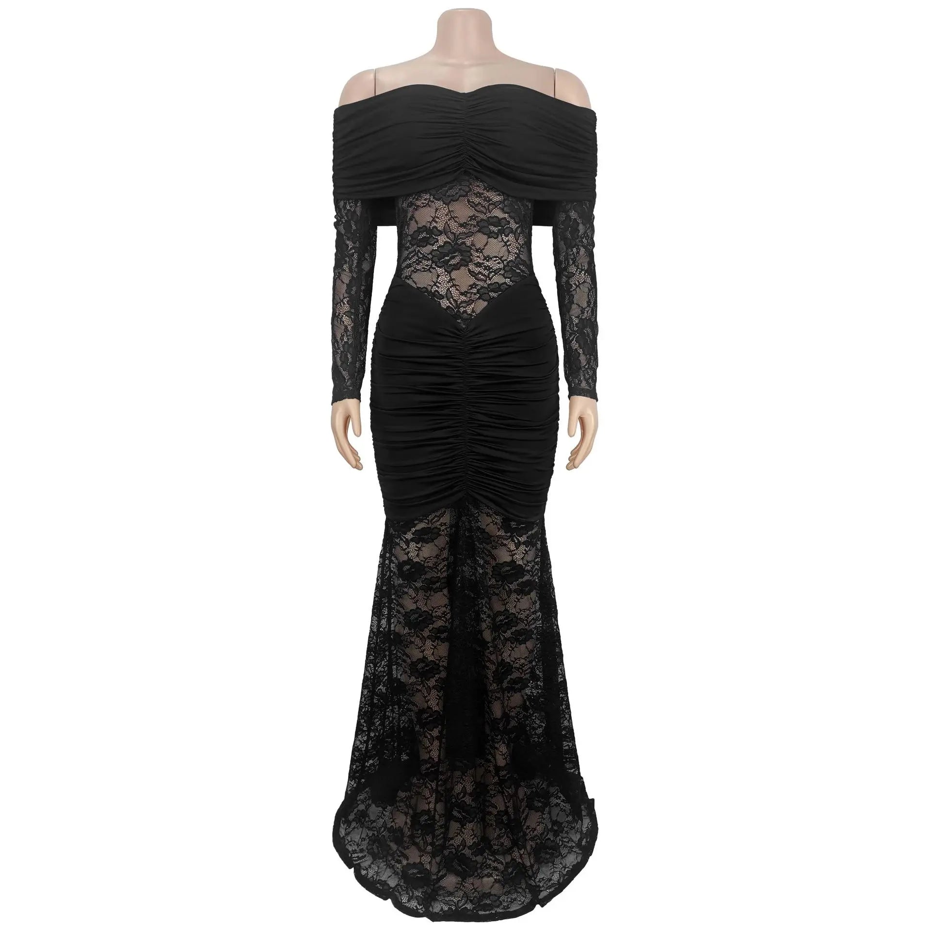 FZ Women's Lace See Through Patchwork Off Shoulder Long Sleeves Evening Dress