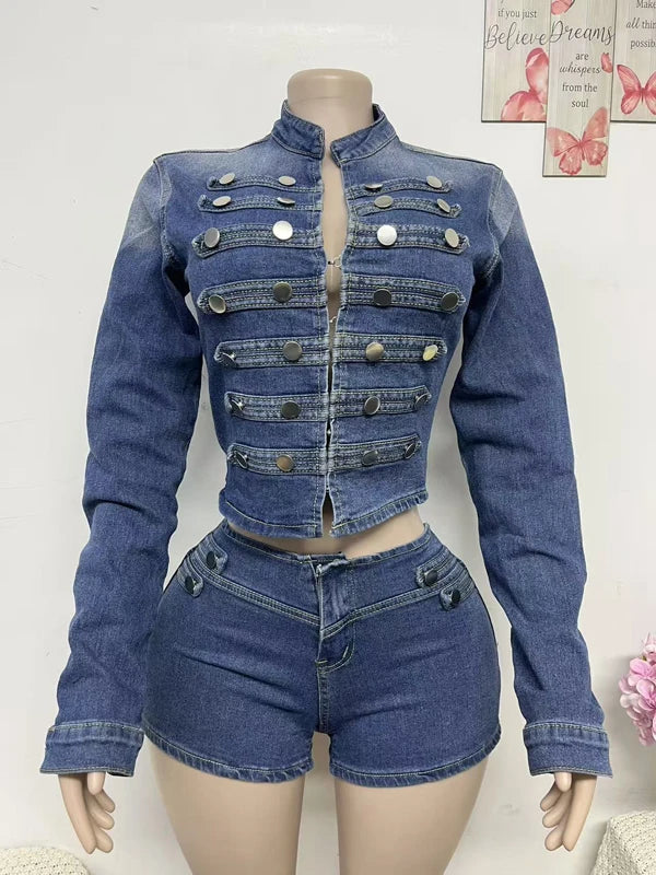 FZ Women's 2 Piece Stretch Long Sleeve High Waist Denim Shorts Suit