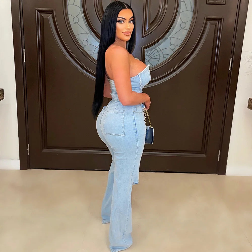 FZ Women's Sexy V Neck Denim Off Shoulder Wide Leg Jumpsuit - FZwear