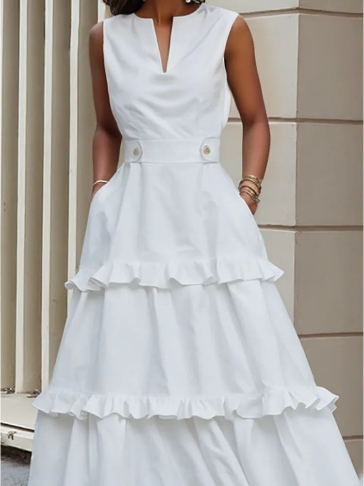 FZ Women's Half Open Collar Sleeveless Split-Joint A-line Dress