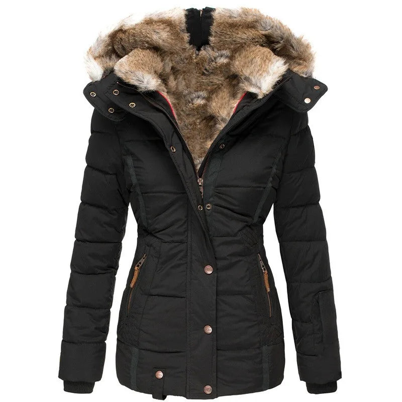 FZ Women's Faux Fur Lining Cotton Puff Slim Fit Long Sleeves Thicken Jacket
