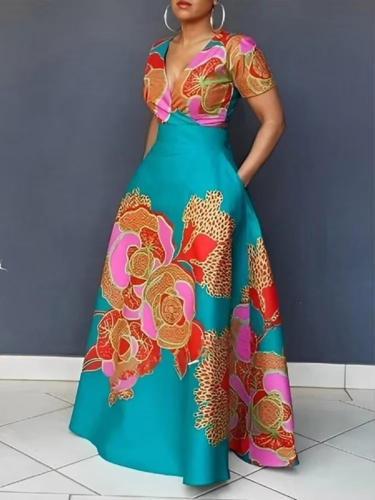 FZ Women's Deep V-neck Short Sleeves High Waist Floral Printed Maxi Dress
