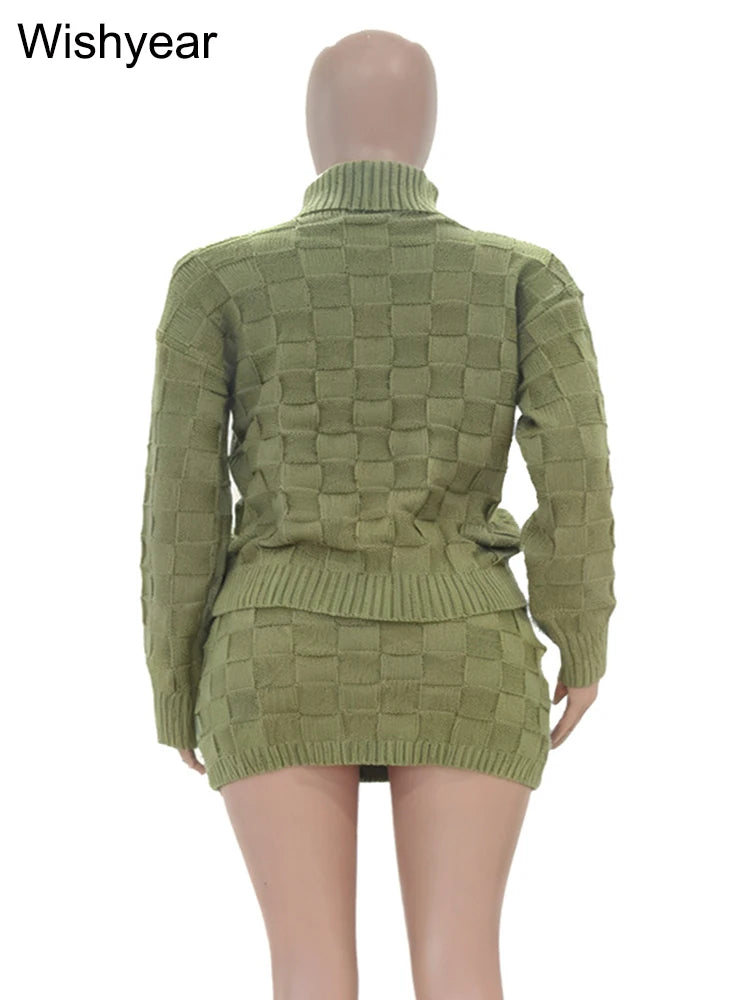 FZ Women's Long Sleeve Turtleneck Grid Knitted 2 Piece Mini Skirt Suit