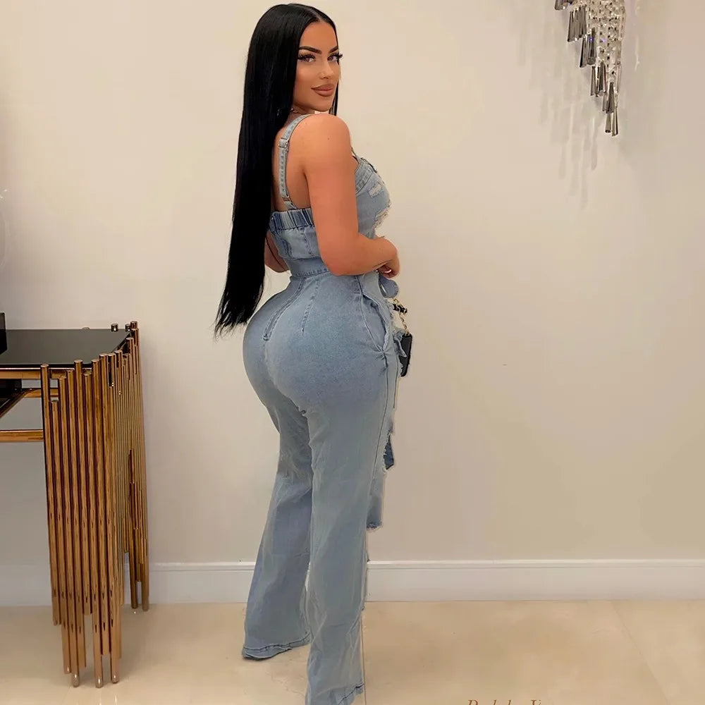 FZ Women's Fashion Street Style Hole Tassels Denim Strap Sleeveless Jumpsuit - FZwear