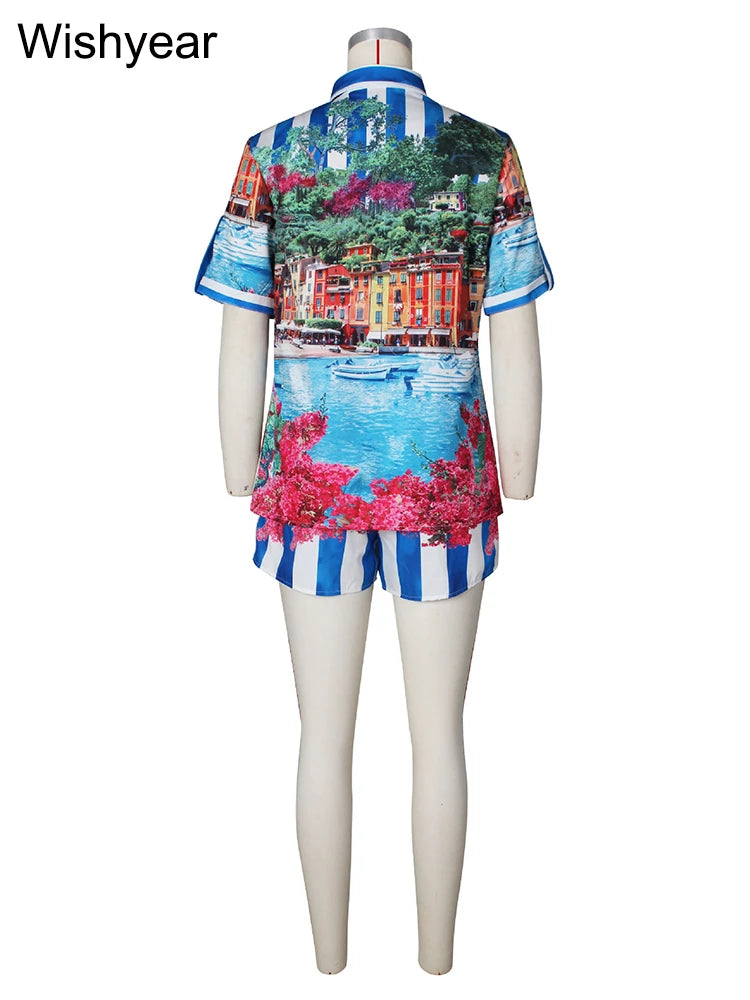 FZ Women's Floral Print Two Pieces Patchwork Shorts Suit