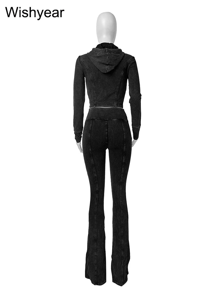 FZ Women's Sportswear Wash Retro Two 2 Piece Flared Pants Suit